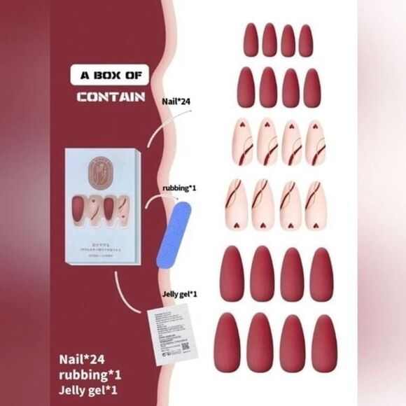 💕5/$18 Almond Heart & Gold Stripe Design Press on Nails - Picture 5 of 5